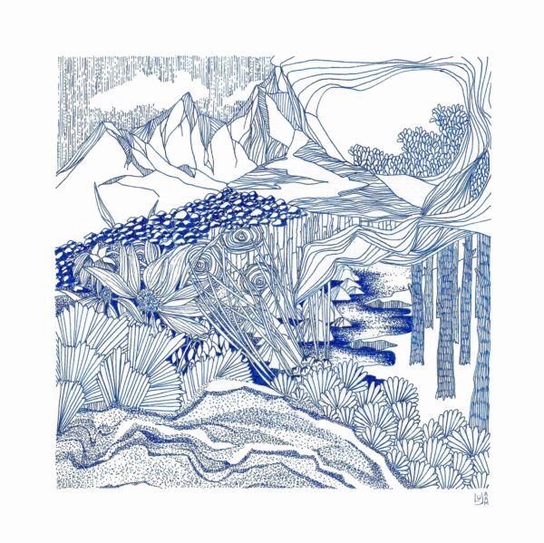 Illustration bleue Hiver, représentant un paysage hivernal avec montagnes enneigées, rivières gelées et forêts en dormance.