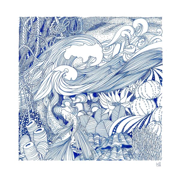 Illustration bleue La Vague, représentant une vague déferlante stylisée entourée de coraux, plantes aquatiques et éléments marins.
