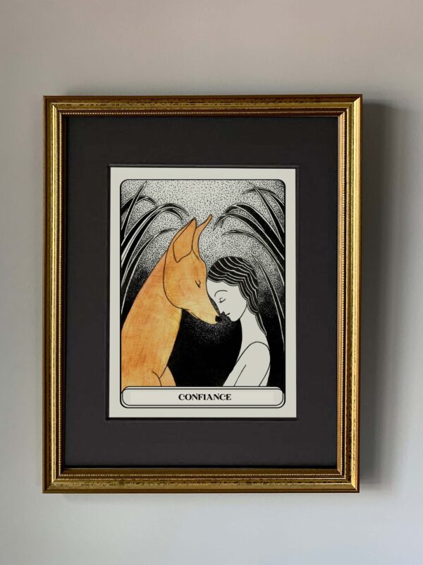 Découvrez l’illustration oracle Confiance, célébrant l’harmonie et l’intuition à travers une rencontre entre une femme et un chien doré.