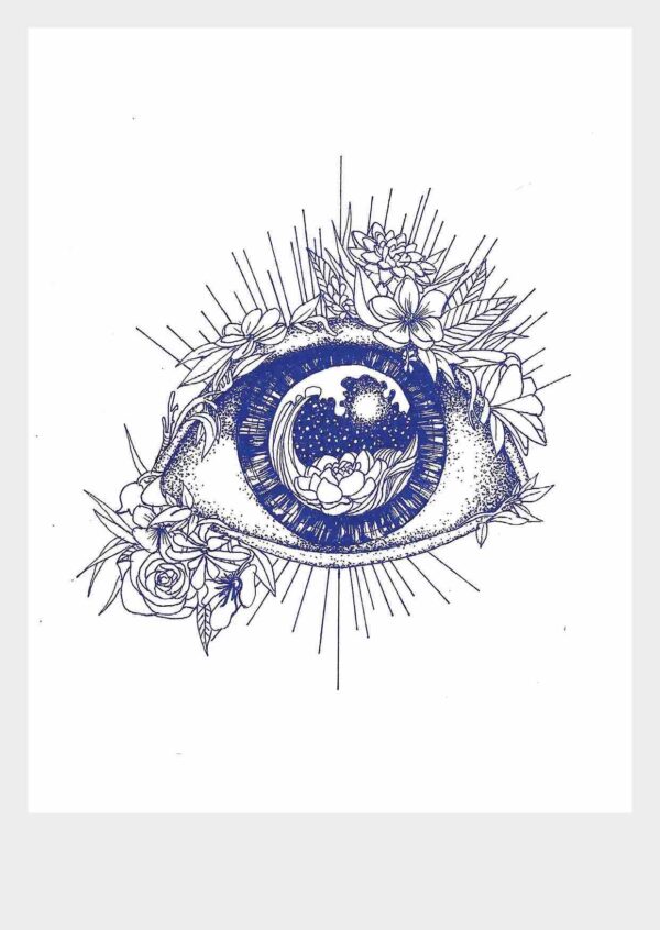 Carte de vœux Œil illustration d’un œil entouré de fleurs, avec un paysage cosmique et aquatique à l’intérieur de l’iris.