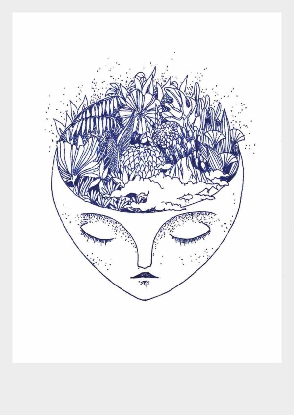 Carte de vœux Méditation, illustration d’un visage aux yeux clos, dont l’intérieur est un paysage foisonnant de végétation et de reliefs miniatures.