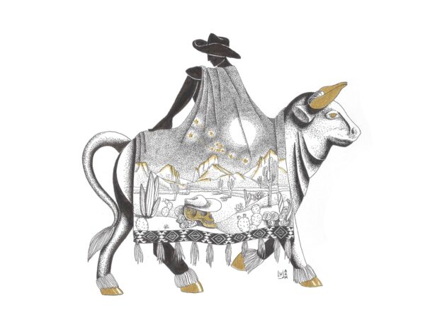 Illustration en dotwork d’un cowboy chevauchant un taureau, avec un paysage désertique en poncho et des détails en feuille d’or.