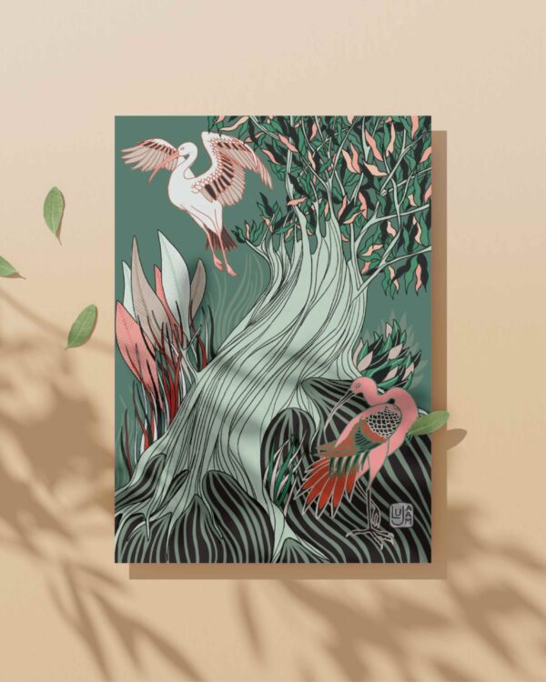 Carte postale Ibis : illustration de deux ibis dans un décor végétal stylisé, l’un en vol, l’autre posé avec grâce.